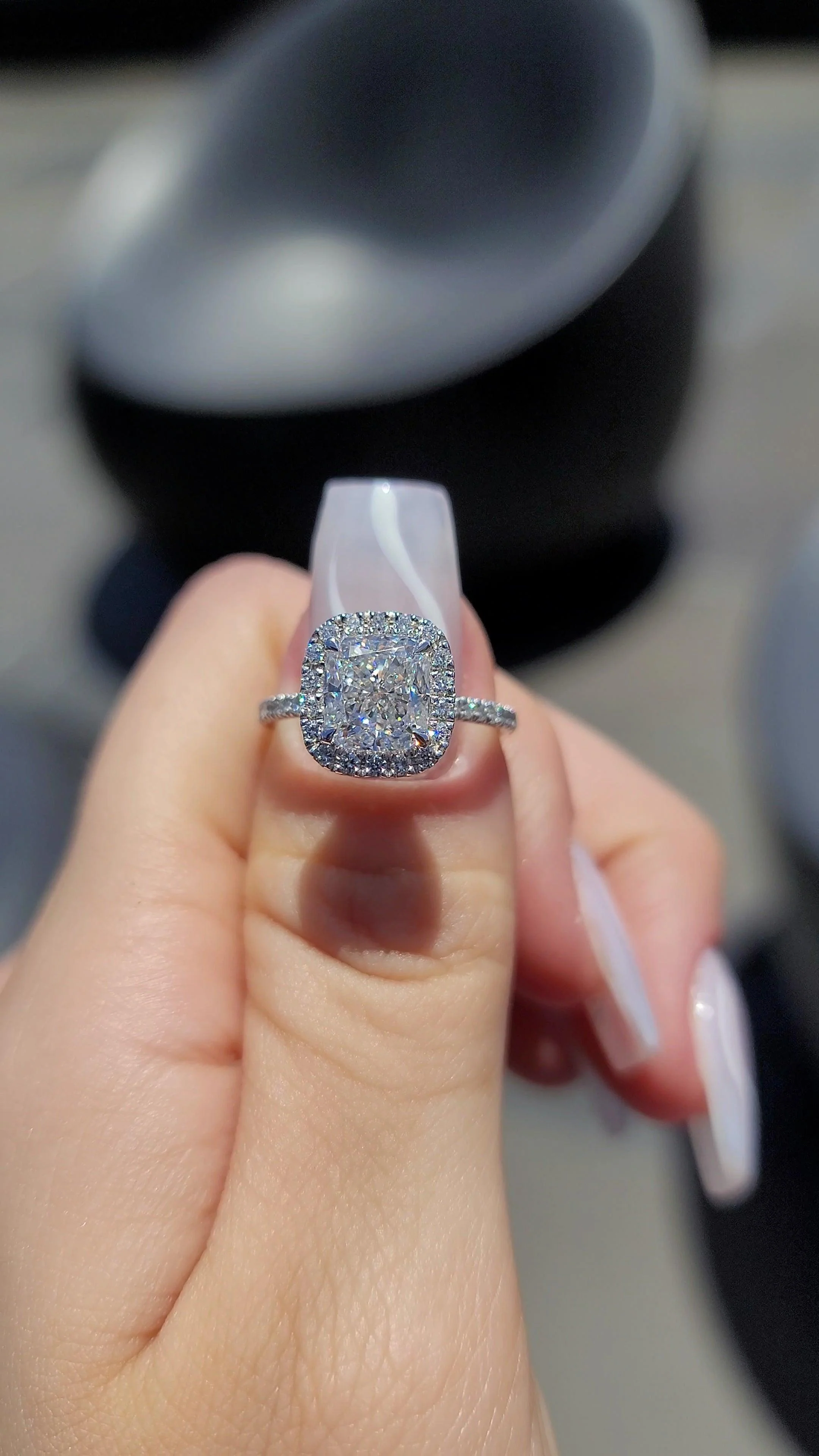 2.68 Carats Lab Grown Cushion Cut Micropaved Halo Side Stones Diamond Engagement Ring - Image 5