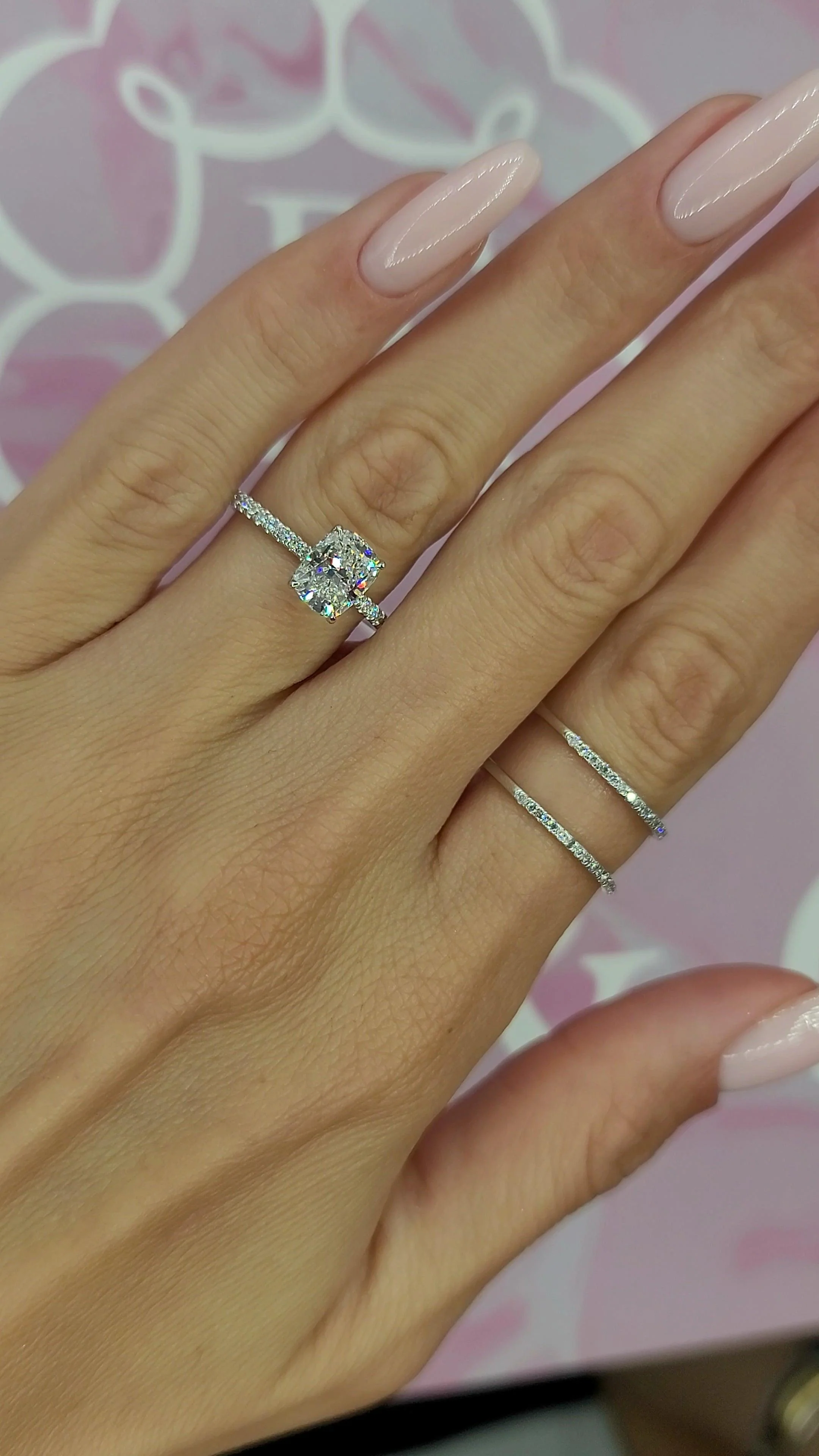 2 Carats Lab Grown Elongated Cushion Cut Micropaved Side Stones Hidden Halo Diamond Engagement Ring - Image 4