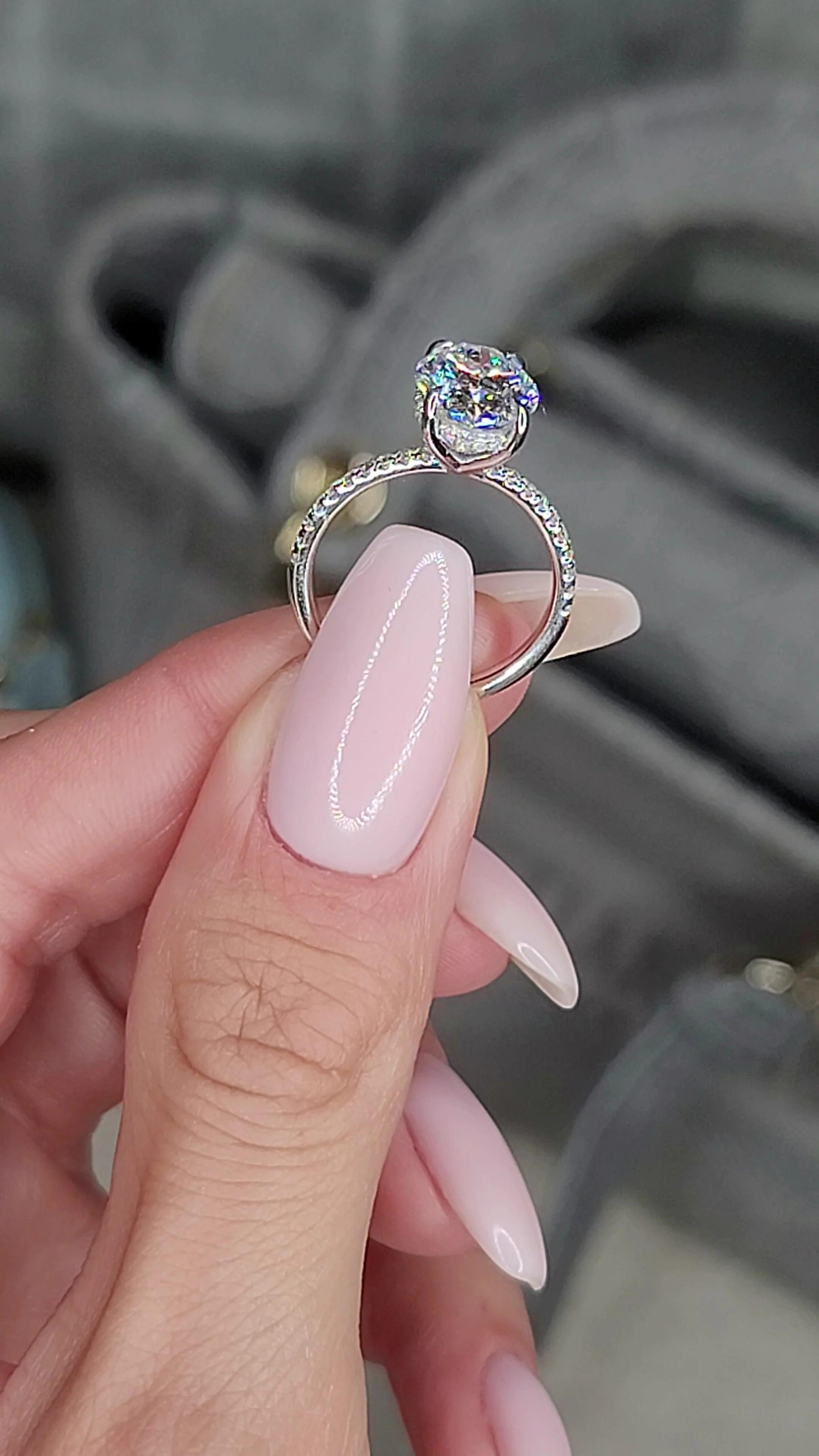 3.45 Carats Lab Grown Oval Cut Micropaved Side Stones Hidden Halo Diamond Engagement Ring - Image 8