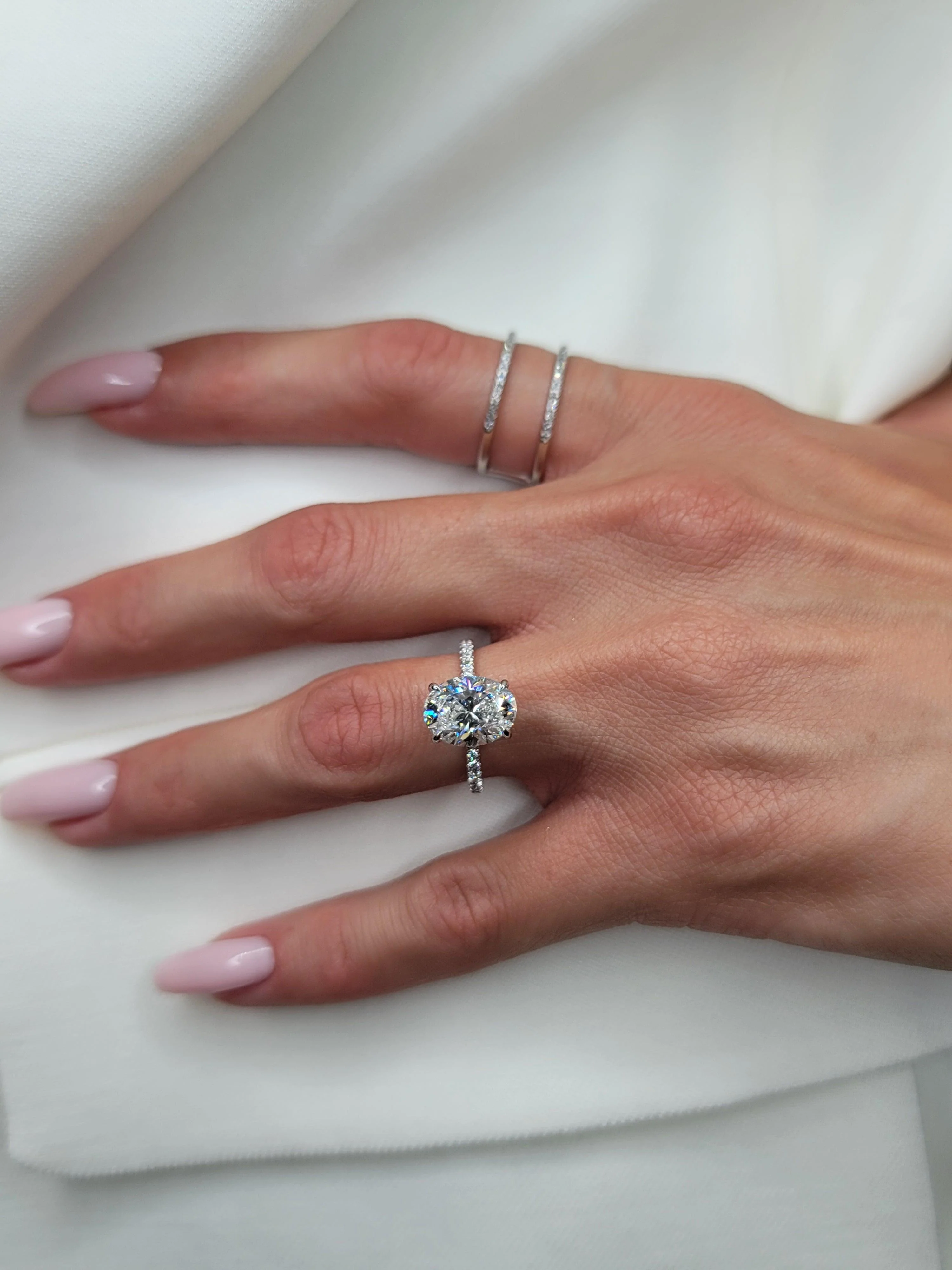 3.45 Carats Lab Grown Oval Cut Micropaved Side Stones Hidden Halo Diamond Engagement Ring - Image 9
